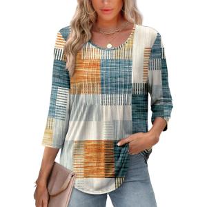 XIEERDUO 3/4 Length Sleeve Tops for Women 2026 Crewneck Casual Pleated Tunic Tops Loose Fit Shirts Blouses(F-beige Brown Grid)