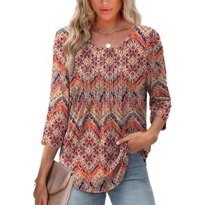 XIEERDUO 3/4 Length Sleeve Tops for Women 2026 Crewneck Casual Pleated Tunic Tops Loose Fit Shirts Blouses(F-boho)