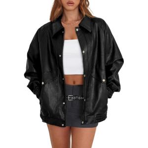 XIEERDUO Leather Jacket Women Fall Outfits 2025 Oversized Motorcycle Y2K Clothes Faux Leather Pocket Winter Coats Zip Up(Black)