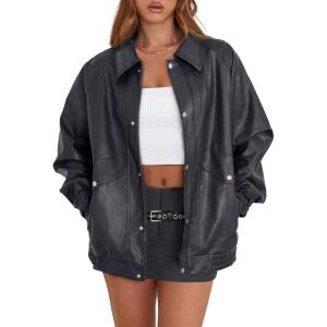 XIEERDUO Leather Jacket Women Fall Outfits 2025 Oversized Motorcycle Y2K Clothes Faux Leather Pocket Winter Coats Zip Up(Charcoal Grey)