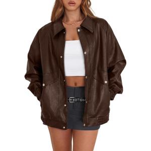 XIEERDUO Leather Jacket Women Fall Outfits 2025 Oversized Motorcycle Y2K Clothes Faux Leather Pocket Winter Coats Zip Up(Dark Brown)