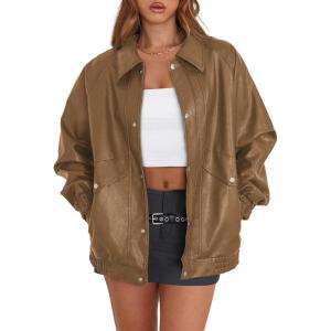 XIEERDUO Leather Jacket Women Fall Outfits 2025 Oversized Motorcycle Y2K Clothes Faux Leather Pocket Winter Coats Zip Up(Khaki)