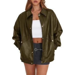XIEERDUO Leather Jacket Women Fall Outfits 2025 Oversized Motorcycle Y2K Clothes Faux Leather Pocket Winter Coats Zip Up(Olive Green)