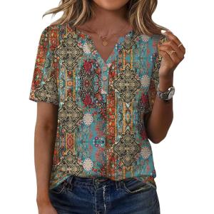 XIEERDUO Womens Summer Tops Short Sleeve Henley Shirts Casual V Neck T Shirts Business Work Blouses Dressy 2026(Boho Print)