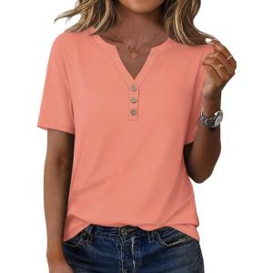XIEERDUO Womens Summer Tops Short Sleeve Henley Shirts Casual V Neck T Shirts Business Work Blouses Dressy 2026(Coral)