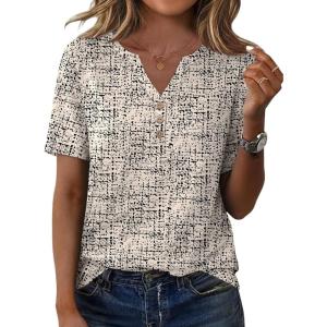 XIEERDUO Womens Summer Tops Short Sleeve Henley Shirts Casual V Neck T Shirts Business Work Blouses Dressy 2026(Patterned-apricot Print)