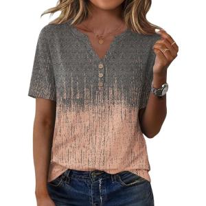 XIEERDUO Womens Summer Tops Short Sleeve Henley Shirts Casual V Neck T Shirts Business Work Blouses Dressy 2026(Patterned-dye Greycoral)