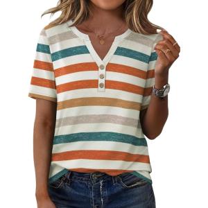XIEERDUO Womens Summer Tops Short Sleeve Henley Shirts Casual V Neck T Shirts Business Work Blouses Dressy 2026(Patterned-multicolor Stripe)