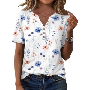 XIEERDUO Womens Summer Tops Short Sleeve Henley Shirts Casual V Neck T Shirts Business Work Blouses Dressy 2026(Patterned-white Floral)