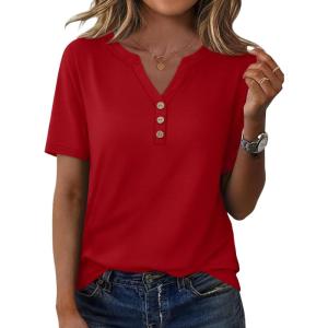 XIEERDUO Womens Summer Tops Short Sleeve Henley Shirts Casual V Neck T Shirts Business Work Blouses Dressy 2026(Red)