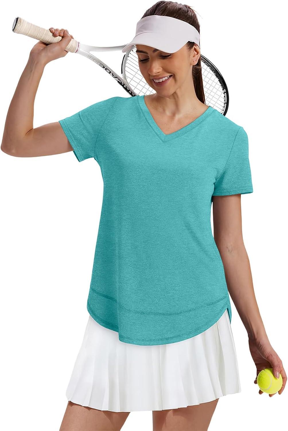 image:imageXIEERDUO Womens Workout Tops Short Sleeve Shirts Sun Protection UPF 50 Quick Dry Outfits for Hiking Running V Neck S3XL05 Aqua