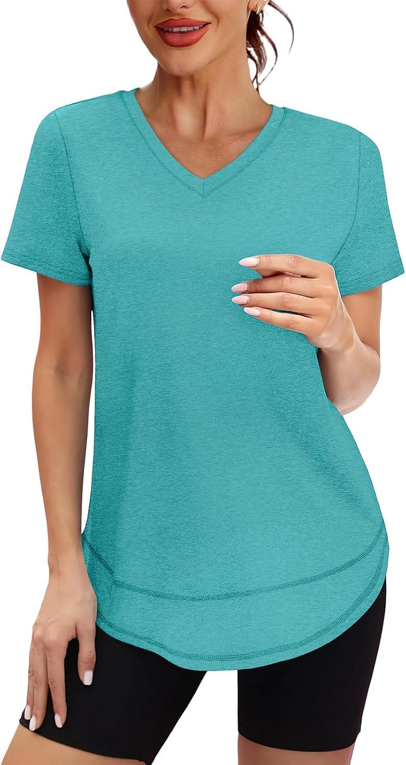 image:imageXIEERDUO Womens Workout Tops Short Sleeve Shirts Sun Protection UPF 50 Quick Dry Outfits for Hiking Running V Neck S3XL05 Aqua