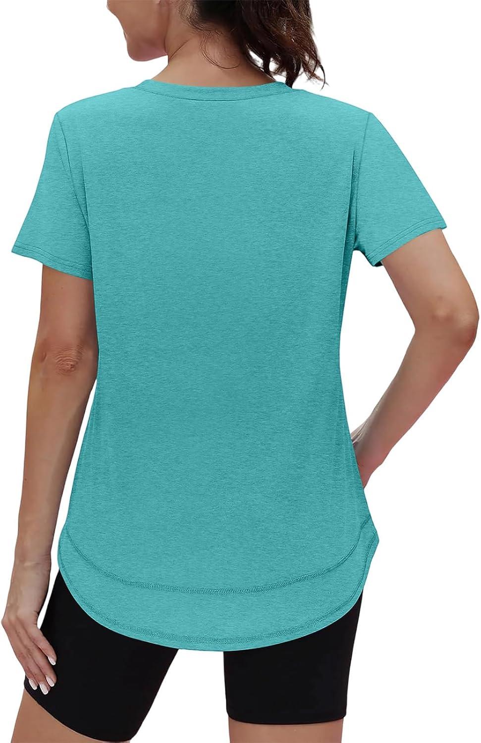 image:imageXIEERDUO Womens Workout Tops Short Sleeve Shirts Sun Protection UPF 50 Quick Dry Outfits for Hiking Running V Neck S3XL05 Aqua