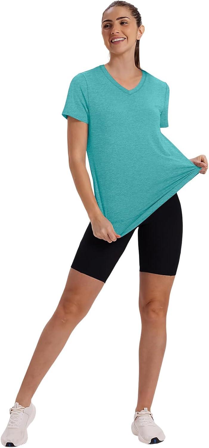 image:imageXIEERDUO Womens Workout Tops Short Sleeve Shirts Sun Protection UPF 50 Quick Dry Outfits for Hiking Running V Neck S3XL05 Aqua