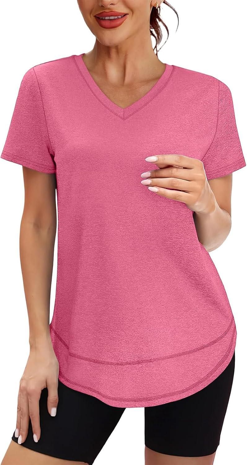image:imageXIEERDUO Womens Workout Tops Short Sleeve Shirts Sun Protection UPF 50 Quick Dry Outfits for Hiking Running V Neck S3XL06 Watermelon Pink
