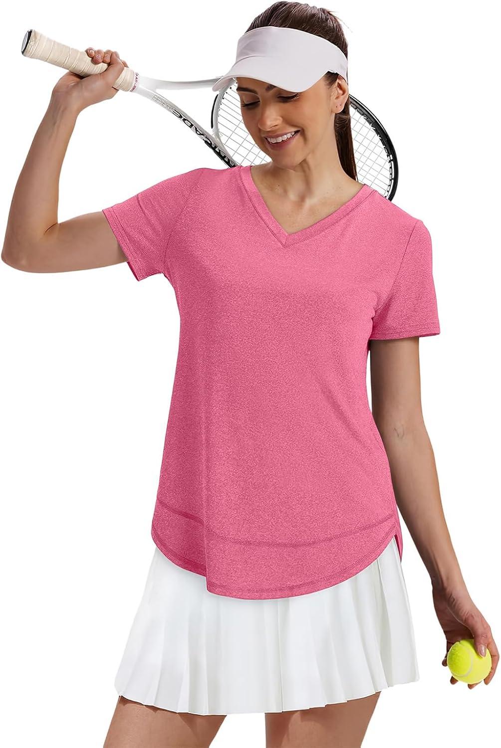 image:imageXIEERDUO Womens Workout Tops Short Sleeve Shirts Sun Protection UPF 50 Quick Dry Outfits for Hiking Running V Neck S3XL06 Watermelon Pink