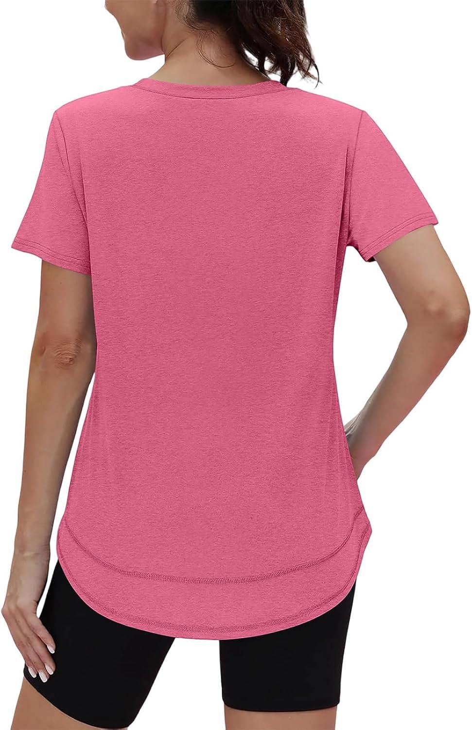 image:imageXIEERDUO Womens Workout Tops Short Sleeve Shirts Sun Protection UPF 50 Quick Dry Outfits for Hiking Running V Neck S3XL06 Watermelon Pink