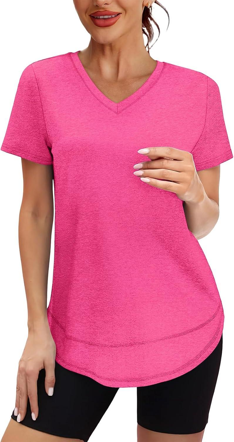 image:imageXIEERDUO Womens Workout Tops Short Sleeve Shirts Sun Protection UPF 50 Quick Dry Outfits for Hiking Running V Neck S3XL08 Hot Pink
