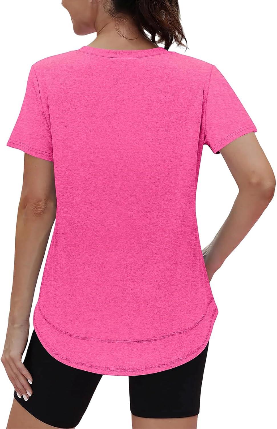 image:imageXIEERDUO Womens Workout Tops Short Sleeve Shirts Sun Protection UPF 50 Quick Dry Outfits for Hiking Running V Neck S3XL08 Hot Pink