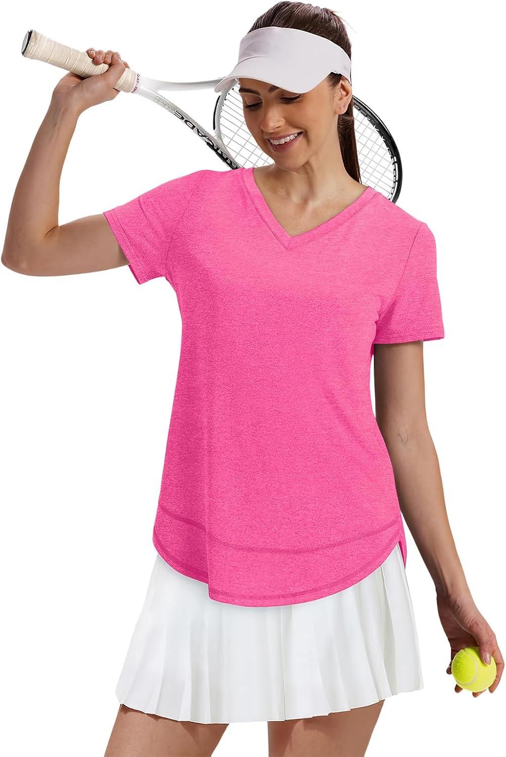 image:imageXIEERDUO Womens Workout Tops Short Sleeve Shirts Sun Protection UPF 50 Quick Dry Outfits for Hiking Running V Neck S3XL08 Hot Pink