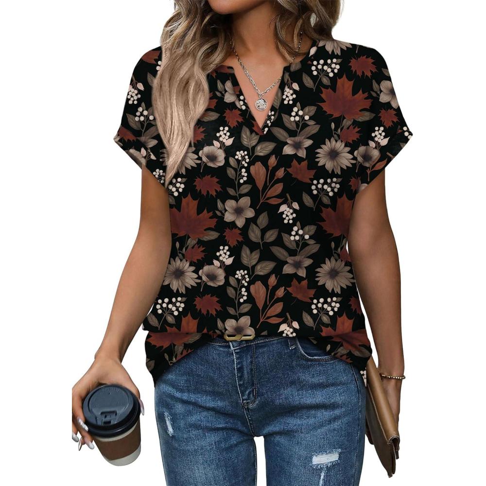 image:imageWomens Tops Dressy Casual V Neck Rolled Sleeve T Shirts Fashion Clothing Business Casual Outfits Beach Vacation ClothesDblack Floral