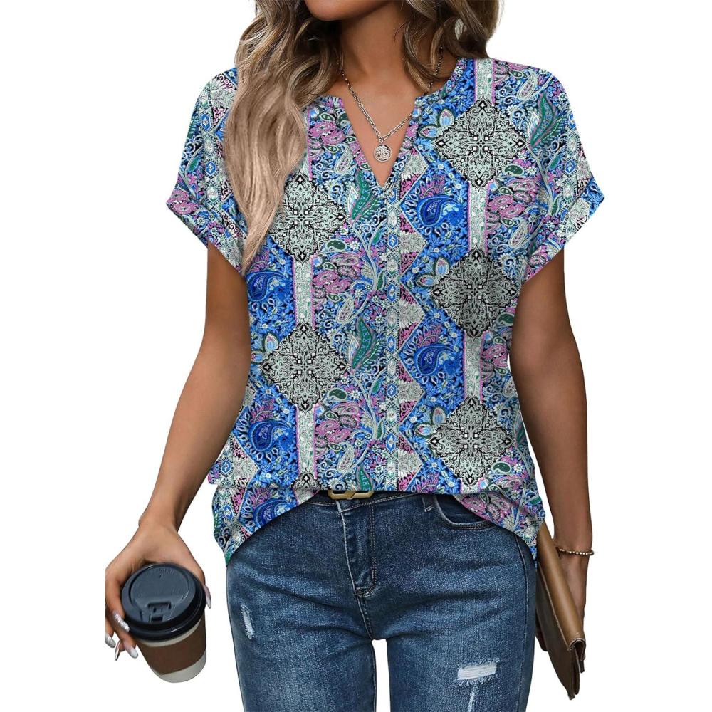 image:imageWomens Tops Dressy Casual V Neck Rolled Sleeve T Shirts Fashion Clothing Business Casual Outfits Beach Vacation ClothesJblue Purple Pattern