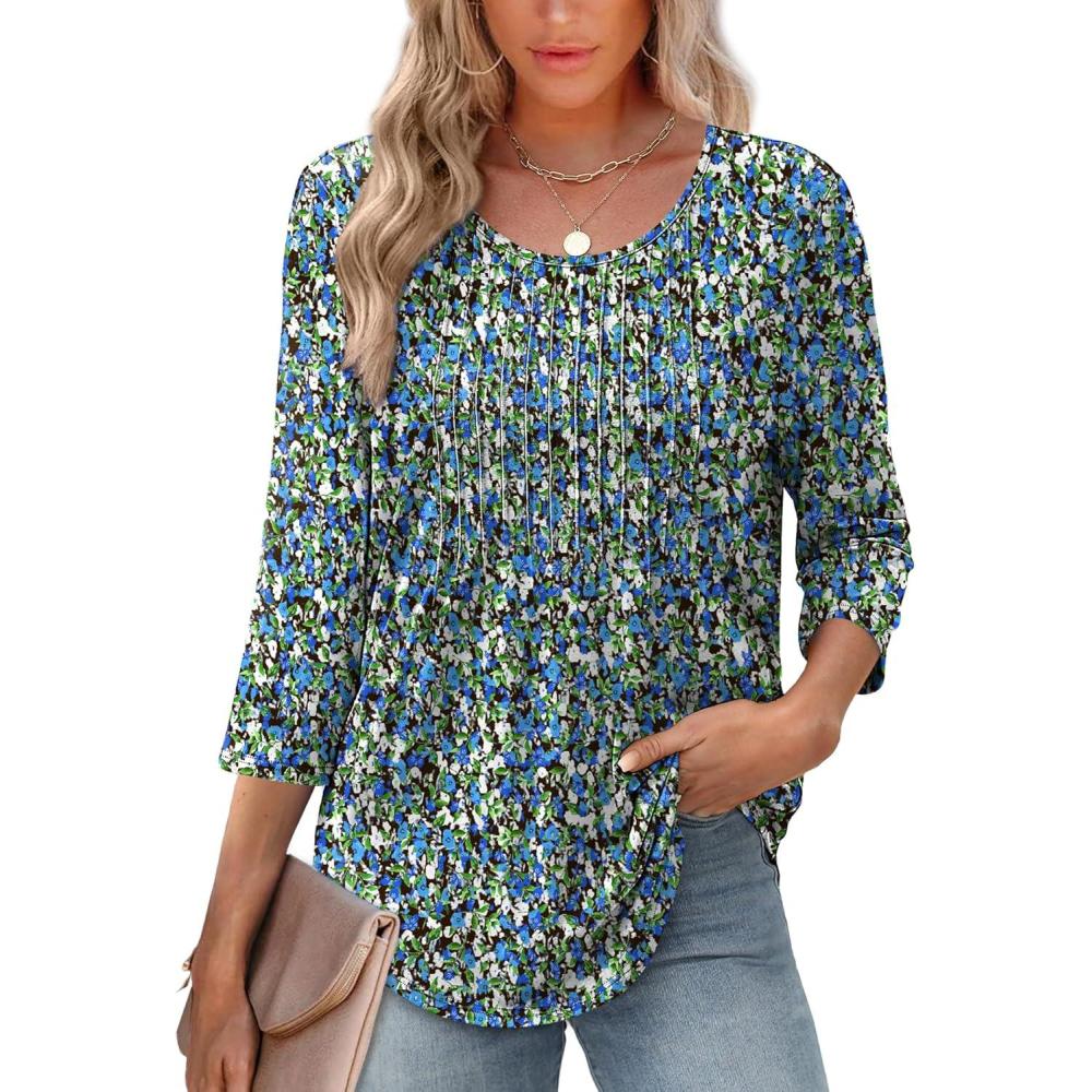 image:imageXIEERDUO 34 Length Sleeve Tops for Women 2026 Crewneck Casual Pleated Tunic Tops Shirts BlousesFblue Floral