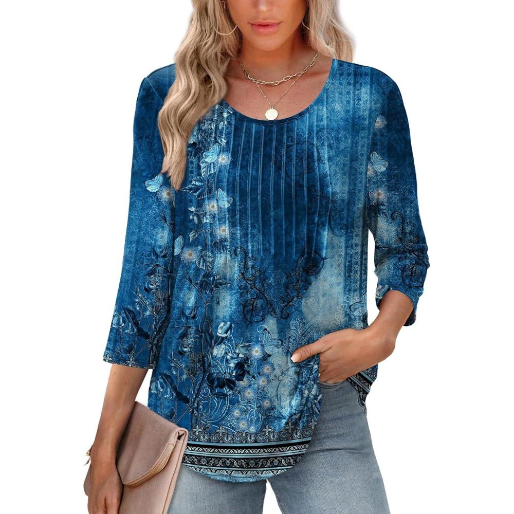 image:imageXIEERDUO 34 Length Sleeve Tops for Women 2026 Crewneck Casual Pleated Tunic Tops Shirts BlousesFdark Blue Floral