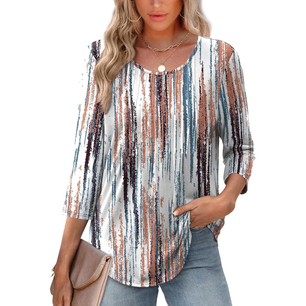 image:imageXIEERDUO 34 Length Sleeve Tops for Women 2026 Crewneck Casual Pleated Tunic Tops Shirts BlousesFtie Dye
