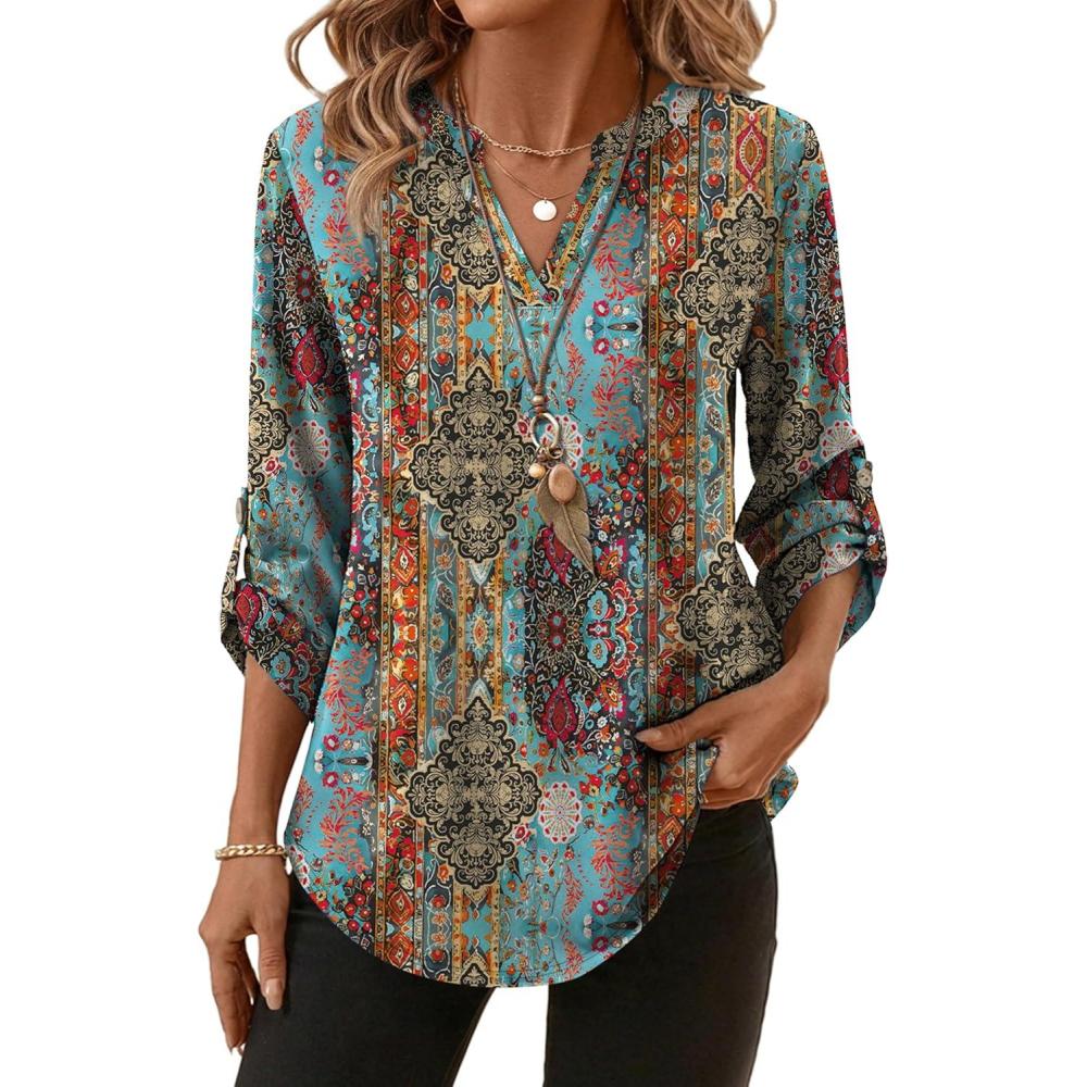 image:imageXIEERDUO 34 Length Sleeve Womens Tops V Neck T Shirts Both Side Buttons Blouses Business Casual Outfits Loose FitZ Blue Floral