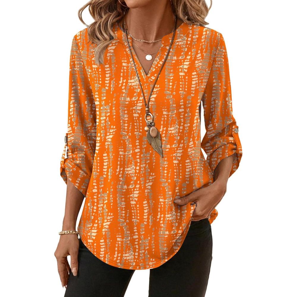 image:imageXIEERDUO 34 Length Sleeve Womens Tops V Neck T Shirts Both Side Buttons Blouses Business Casual Outfits Loose FitZ Brown Geometry