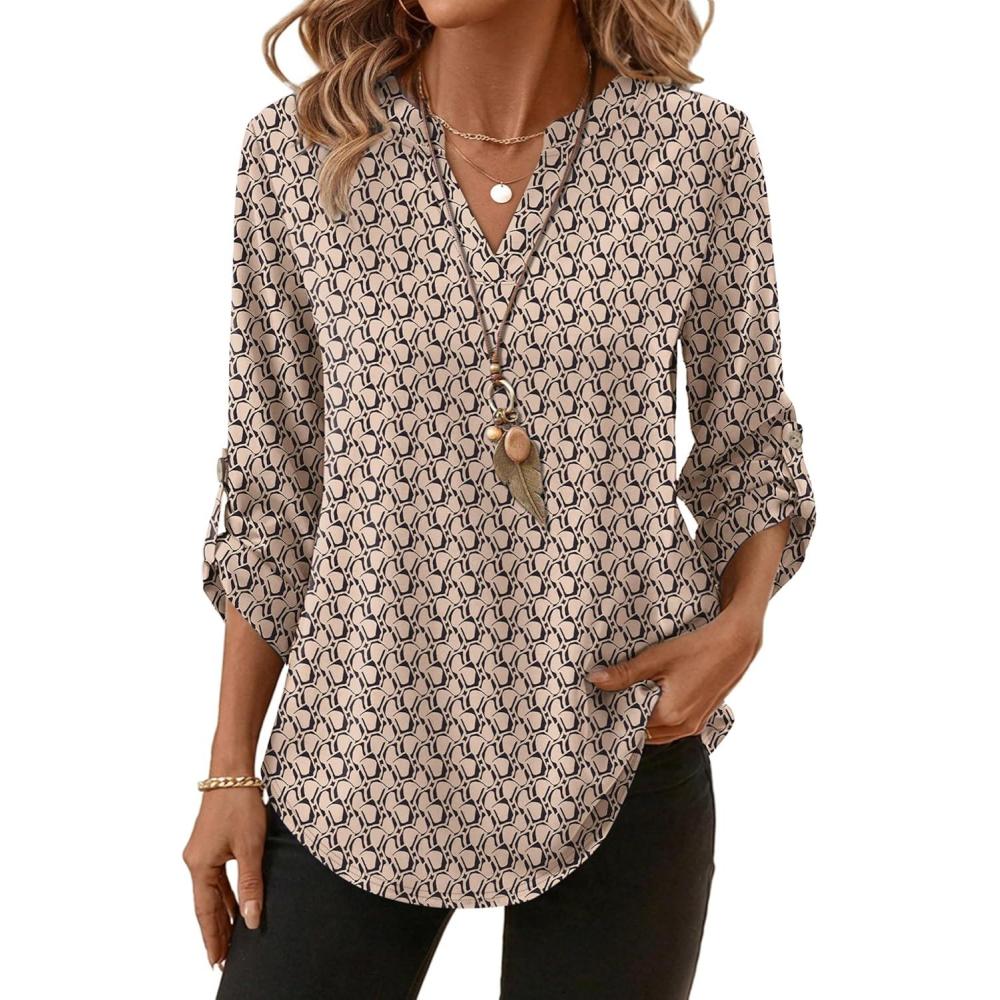 image:imageXIEERDUO 34 Length Sleeve Womens Tops V Neck T Shirts Both Side Buttons Blouses Business Casual Outfits Loose FitZ Brown Stripe