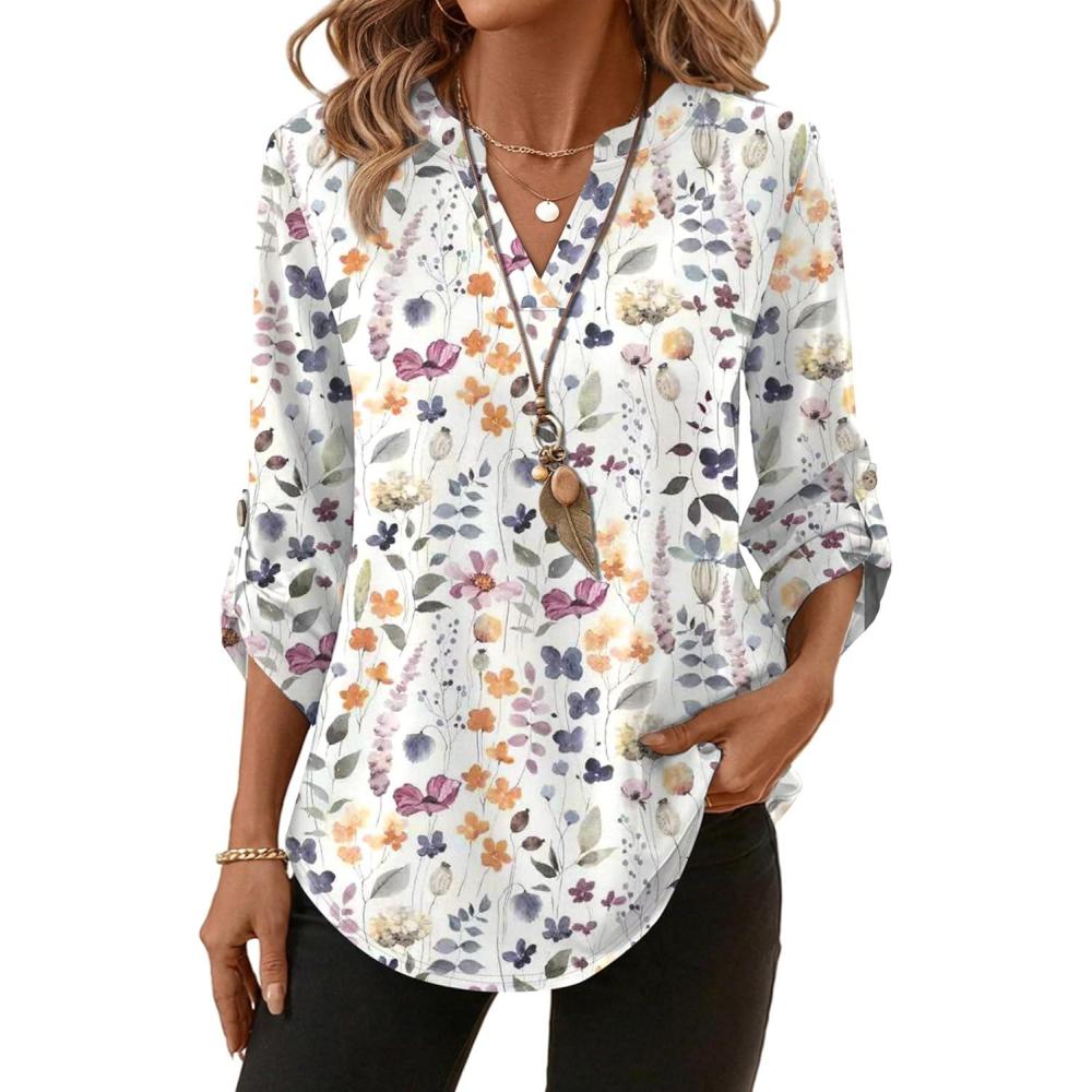image:imageXIEERDUO 34 Length Sleeve Womens Tops V Neck T Shirts Both Side Buttons Blouses Business Casual Outfits Loose FitZ Floral White