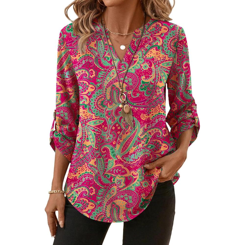 image:imageXIEERDUO 34 Length Sleeve Womens Tops V Neck T Shirts Both Side Buttons Blouses Business Casual Outfits Loose FitZ Red Boho