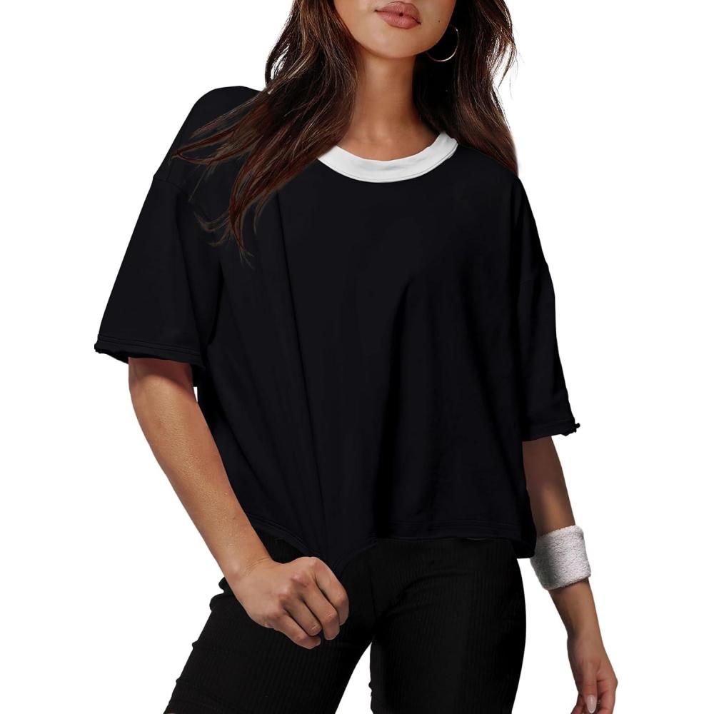 image:imageXIEERDUO Cotton Tshirts for Women Drop Shoulder Round Neck Oversized Crop Tops Workout Tops TeesP White Black Contrast