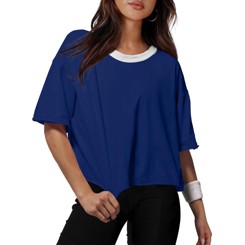 image:imageXIEERDUO Cotton Tshirts for Women Drop Shoulder Round Neck Oversized Crop Tops Workout Tops TeesP White Navy Contrast