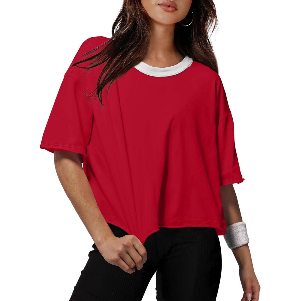 image:imageXIEERDUO Cotton Tshirts for Women Drop Shoulder Round Neck Oversized Crop Tops Workout Tops TeesP White Red Contrast