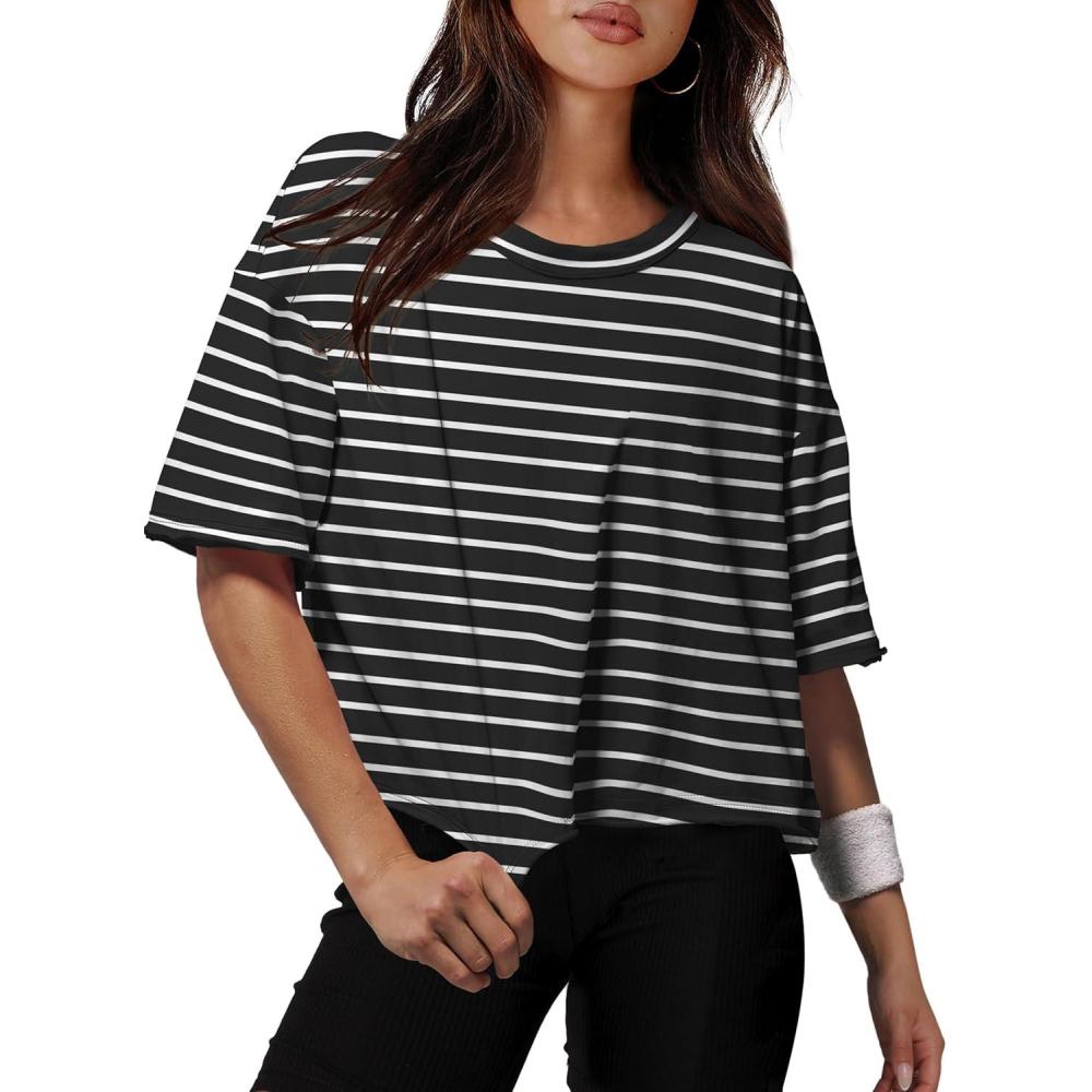 image:imageXIEERDUO Cotton Tshirts for Women Drop Shoulder Round Neck Oversized Crop Tops Workout Tops TeesStripe Black