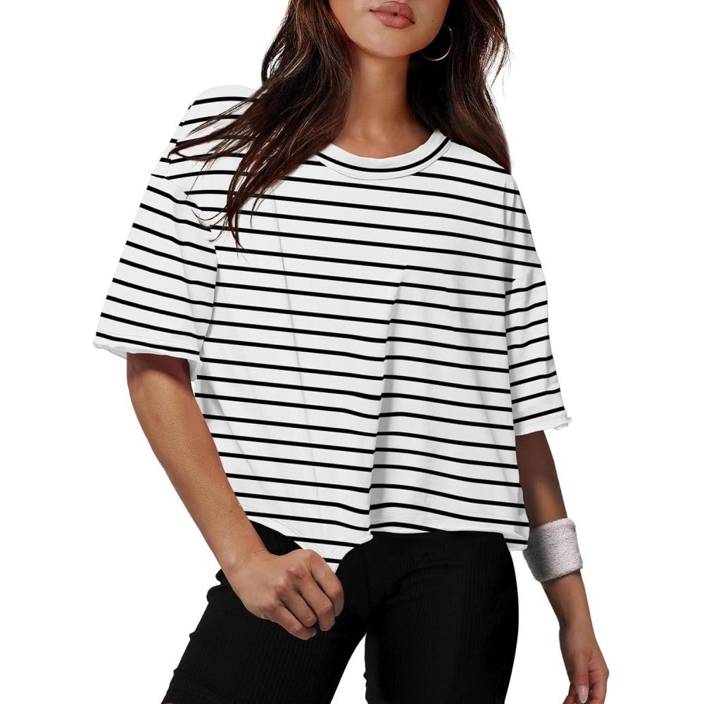 image:imageXIEERDUO Cotton Tshirts for Women Drop Shoulder Round Neck Oversized Crop Tops Workout Tops TeesStripe White