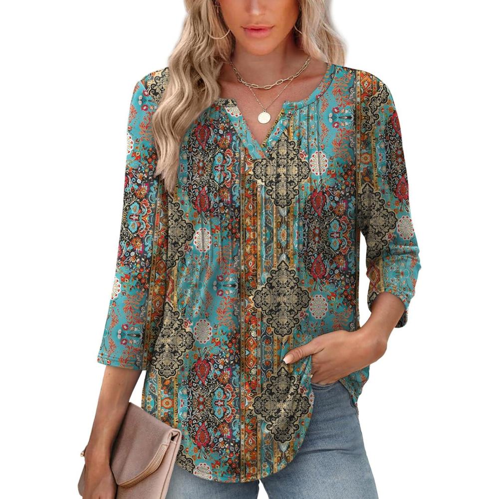 image:imageXIEERDUO Womens 34 Sleeve Tops 2026 VNeck Summer Outfits Casual Pleated Shirts Blouses Beach Vacation Spring Fashion Clothes