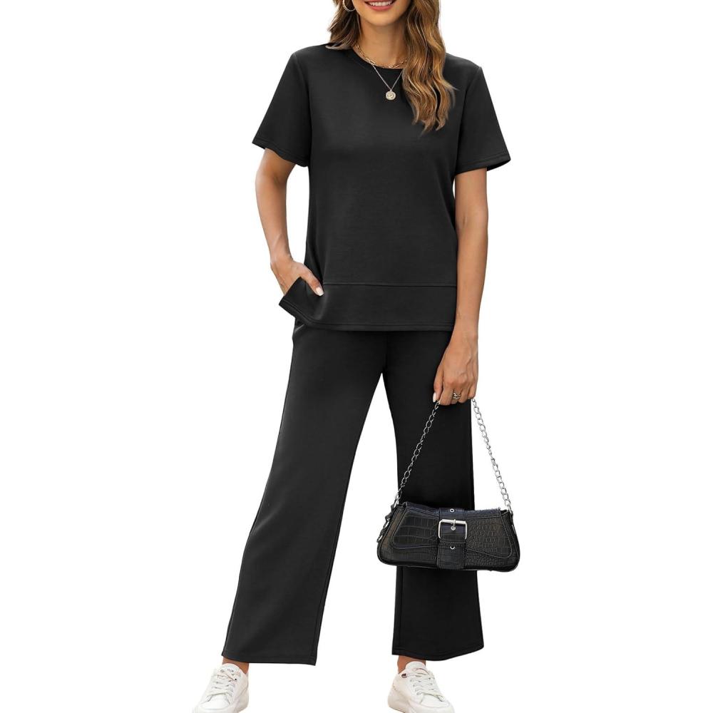 image:imageXIEERDUO Womens Side Slit Lounge Sets 2026 Fashion 2 Piece Travel Outfits Cozy Loungewear Wide Leg Tracksuits S3XLA Black