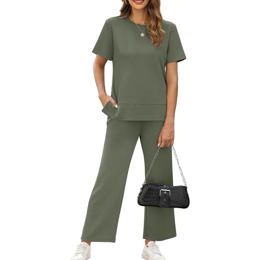 image:imageXIEERDUO Womens Side Slit Lounge Sets 2026 Fashion 2 Piece Travel Outfits Cozy Loungewear Wide Leg Tracksuits S3XLArmy Green