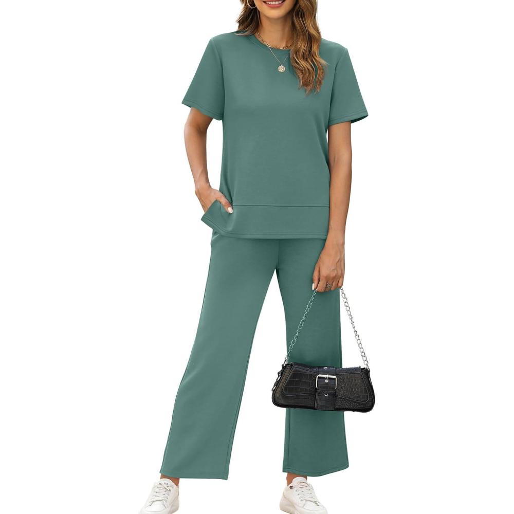 image:imageXIEERDUO Womens Side Slit Lounge Sets 2026 Fashion 2 Piece Travel Outfits Cozy Loungewear Wide Leg Tracksuits S3XLDeep Green