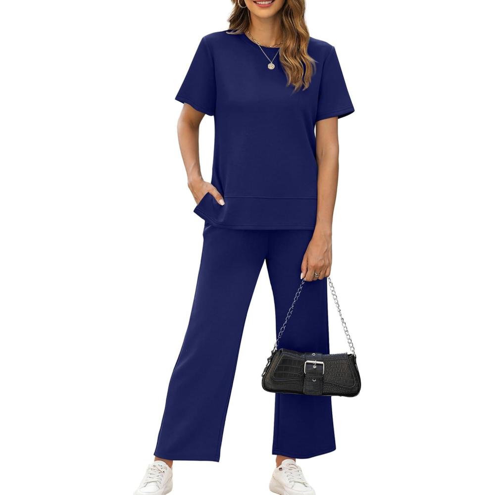 image:imageXIEERDUO Womens Side Slit Lounge Sets 2026 Fashion 2 Piece Travel Outfits Cozy Loungewear Wide Leg Tracksuits S3XLNavy