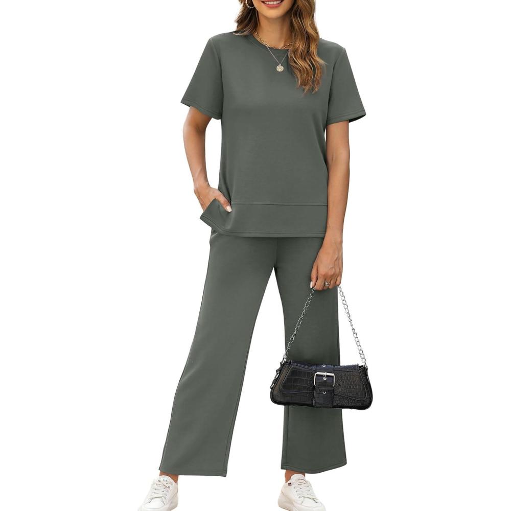 image:imageXIEERDUO Womens Side Slit Lounge Sets 2026 Fashion 2 Piece Travel Outfits Cozy Loungewear Wide Leg Tracksuits S3XLRock Green