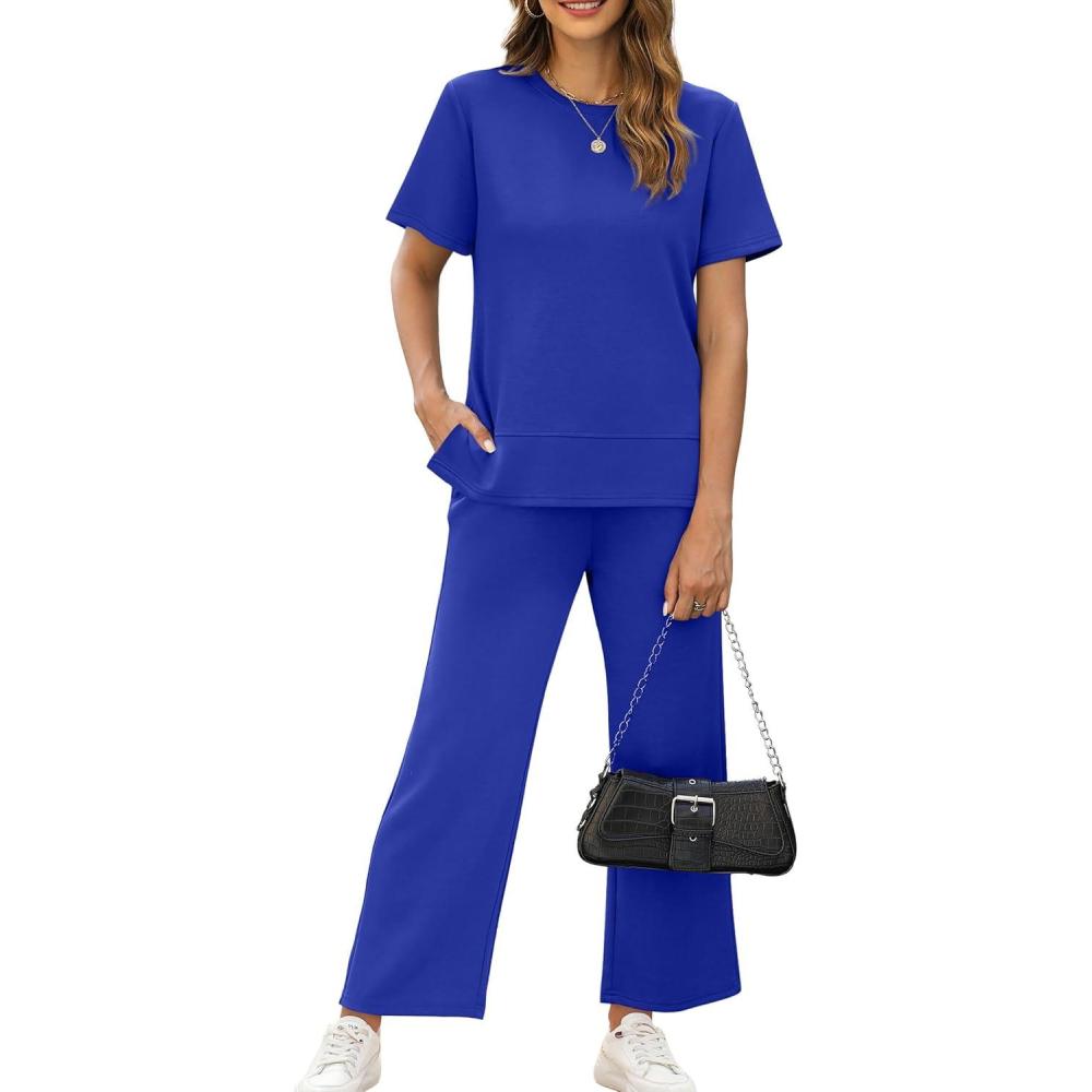 image:imageXIEERDUO Womens Side Slit Lounge Sets 2026 Fashion 2 Piece Travel Outfits Cozy Loungewear Wide Leg Tracksuits S3XLRoyal Blue