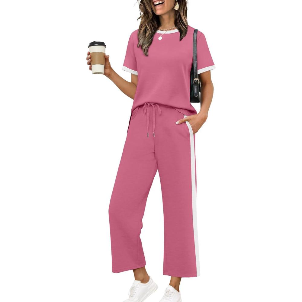 image:imageXIEERDUO Womens Side Slit Lounge Sets 2026 Fashion 2 Piece Travel Outfits Cozy Loungewear Wide Leg Tracksuits S3XLStripe Pink