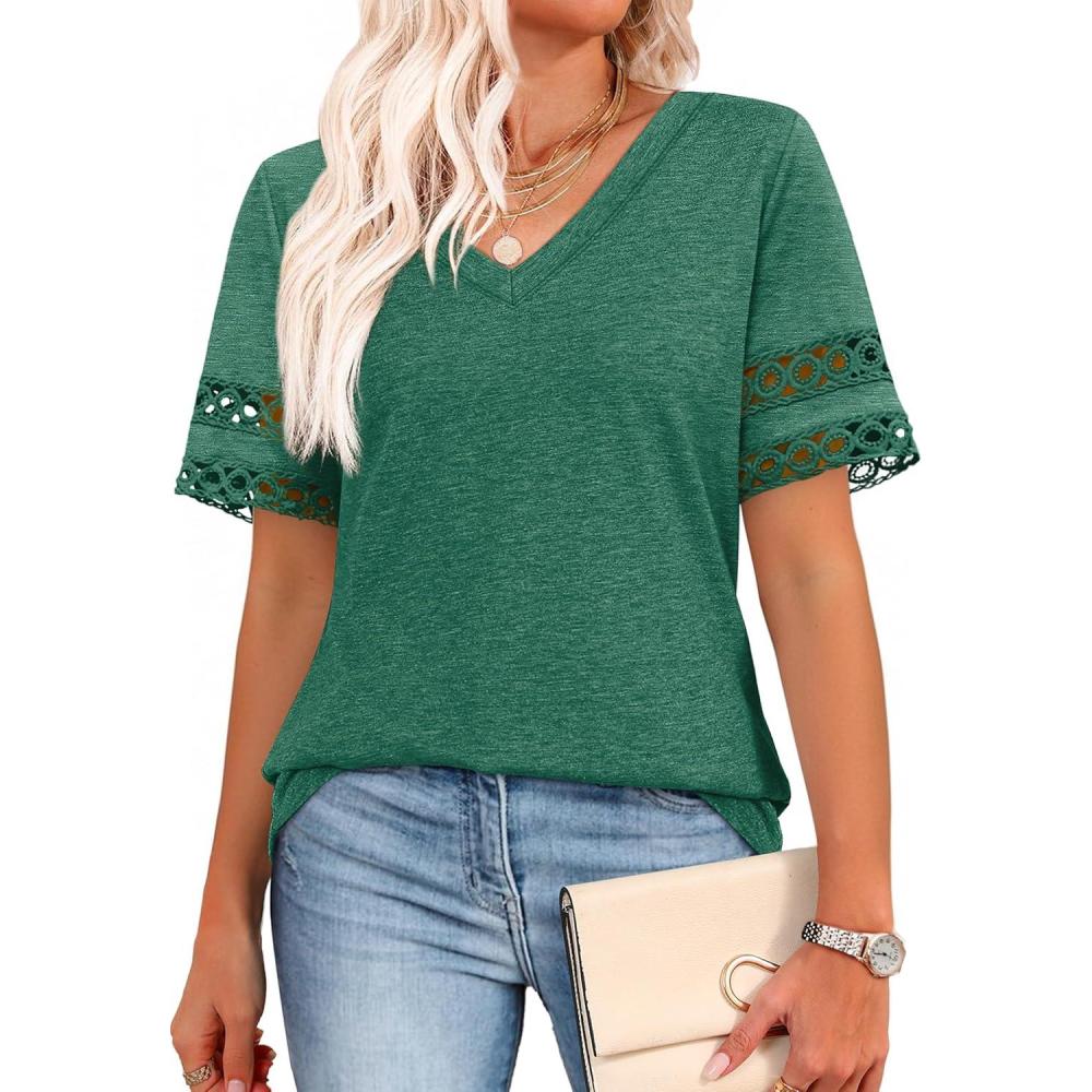 image:imageXIEERDUO Womens Summer Tops Dressy Casual Blouses for Women V Neck Short Sleeve Shirts Fashion Clothes Curved Hem FlowyGreen
