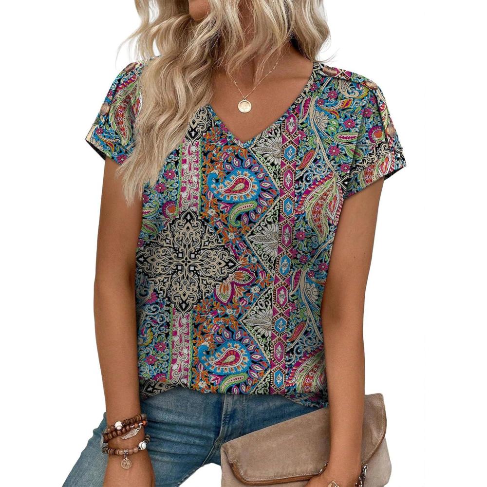 image:imageXIEERDUO Womens Summer Tops Short Sleeve Shirts with Buttons V Neck Trendy Tunic Blouses Beach Vacation ClothesFboho Paisley