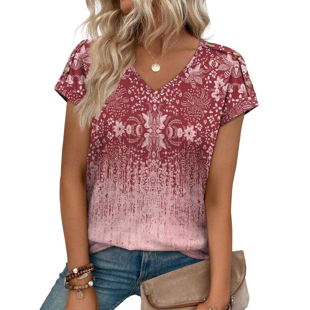 image:imageXIEERDUO Womens Summer Tops Short Sleeve Shirts with Buttons V Neck Trendy Tunic Blouses Beach Vacation ClothesFgradient Pink